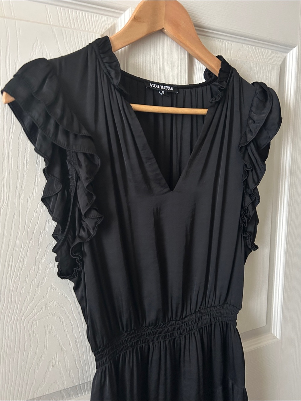 Steve Madden Prairie Dreams Satin V-Neck Ruffle Cap Sleeve Mini Dress Sz S - Picture 8 of 12